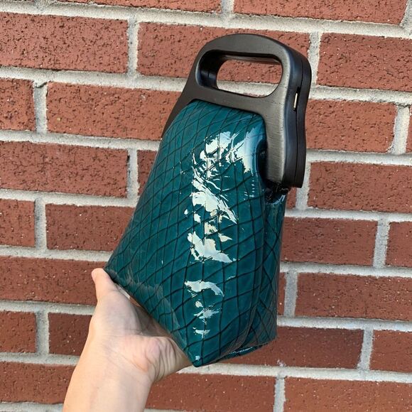 Handmade Genuine Patent Leather Check Print Wooden Frame Pouch/Crossbody - Picture 5 of 16